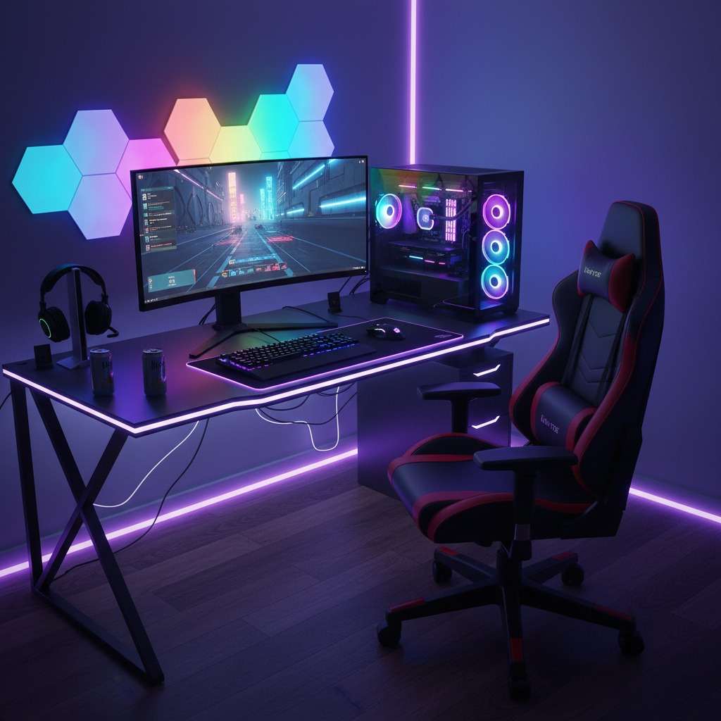 Configuração de computador gamer com iluminação RGB, monitor, teclado, mouse e cadeira ergonômica em um ambiente moderno.